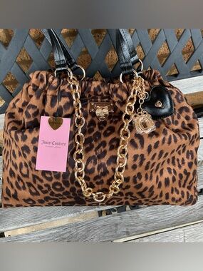 Juicy Couture Leopard Print Brown & Black Shoulder Bag with Gold Chain